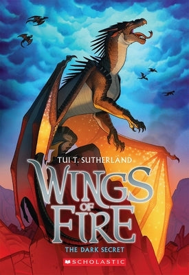 Paperback of The Dark Secret from Wings of Fire series by Scholastic Press, featuring vibrant cover art with dragons and fiery motifs.