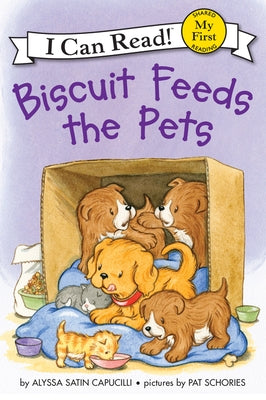 Paperback copy of "Biscuit Feeds the Pets" by HarperCollins, featuring colorful illustrations of a dog and pet animals on the cover.