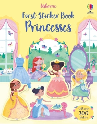 Paperback First Sticker Book Princesses by Usborne Books featuring colorful princess-themed stickers and illustrations.
