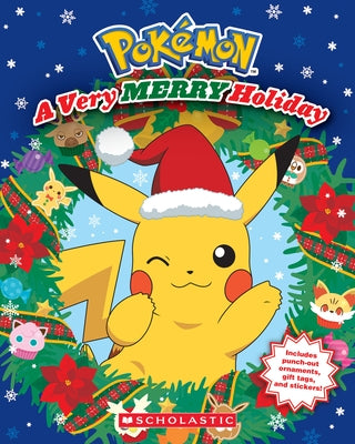 A Very Merry Holiday Pokémon paperback book by Scholastic Inc., featuring colorful holiday-themed Pokémon on the cover.