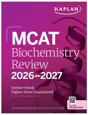 Kaplan Publishing MCAT Biochemistry Review 2026-2027 paperback textbook with colorful cover and study materials.