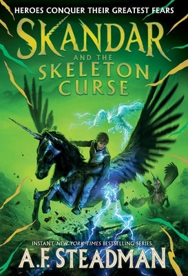 Paperback copy of "Skandar and the Skeleton Curse" by Simon & Schuster Books for Young Readers, featuring the book cover with character illustrations.