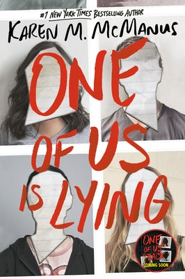 Paperback of "One of Us Is Lying" by Delacorte Press, showing the book cover with bold title and dark background.