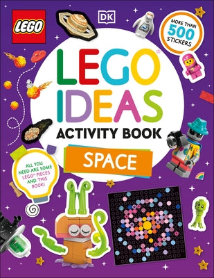 Lego Ideas Space activity book by DK Publishing featuring Lego building activities, stickers, fun facts, and colorful space-themed pages.