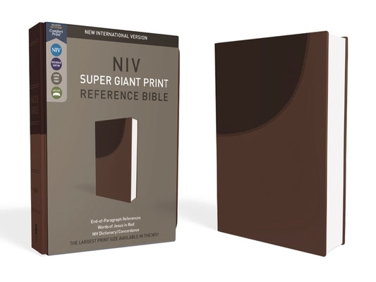 Brown imitation leather NIV Super Giant Print Reference Bible with red letter edition, featuring large text and Zondervan branding.