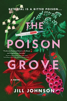 Paperback of The Poison Grove novel by Poisoned Pen Press featuring dark, mysterious cover art with eerie trees and fog.
