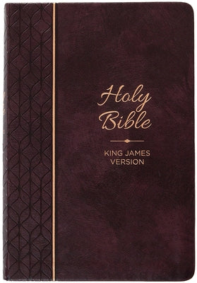 Large print KJV Holy Bible in maroon cover by Broadstreet Publishing, open to pages showing text and ribbon marker.