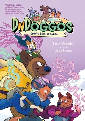Paperback copy of Dndoggos: Spells Like Trouble by Feiwel & Friends, showing the book cover with colorful fantasy-themed illustrations.