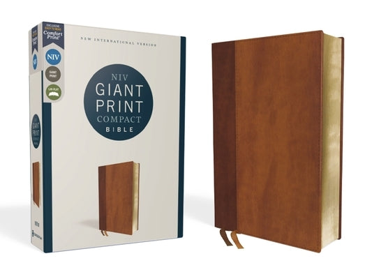 Zondervan Niv Giant Print Compact Bible in brown Leathersoft with red letter edition and comfort print, open to a page.