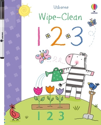 Usborne Books Wipe-Clean 123 paperback educational book with colorful numbers and illustrations for early learning.