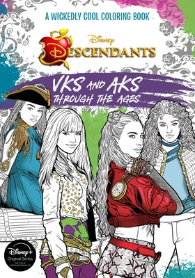 Paperback coloring book featuring Descendants characters Vks and Aks through the ages with colorful illustrations by Disney.