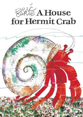 Paperback copy of "A House for Hermit Crab" by Aladdin Paperbacks, showing colorful illustrated cover with a hermit crab and house.