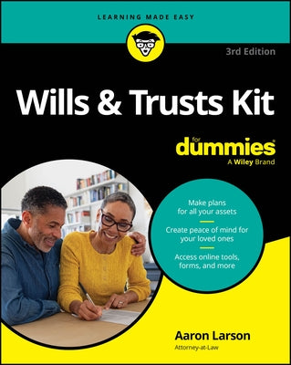 Paperback Wills & Trusts Kit for Dummies book with colorful cover, featuring legal and estate planning illustrations.