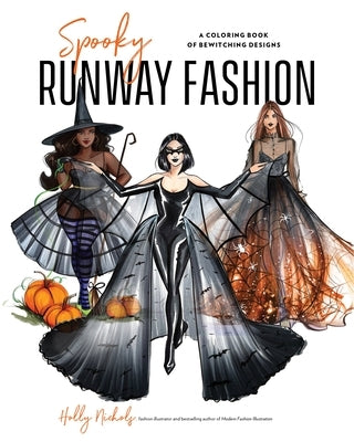 Open paperback coloring book titled Spooky Runway Fashion with bewitching runway designs and Halloween-themed illustrations.