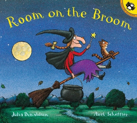 Paperback of "Room on the Broom" by Puffin Books showing the colorful book cover with illustrations of animals and a witch on a broomstick.