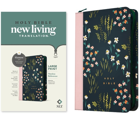 Large print Thinline Bible by Tyndale House Publishers in Meadow Navy and Pink, leatherlike cover, zipper closure, filament enabled edition