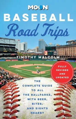 Paperback travel guide by Moon Travel featuring baseball road trips, ballparks, local bites, and sights for sports fans.