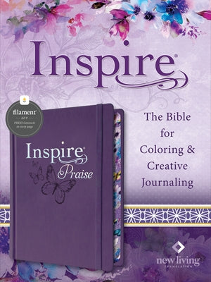 Purple hardcover Inspire Praise Bible NLT by Tyndale House Publishers, featuring filament-enabled leatherlike cover and detailed interior pages.