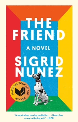 Paperback of The Friend by Riverhead Books, National Book Award Winner, featuring a close-up of the book cover with illustrative artwork.