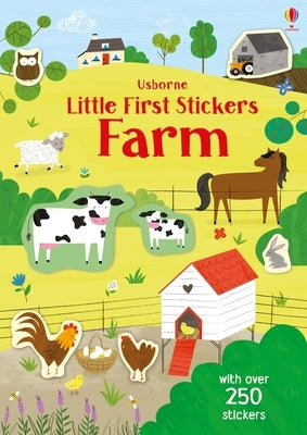 Little First Stickers Farm paperback book by Usborne Books featuring colorful farm animal stickers and farm scene illustrations.