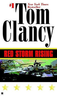 Red Storm Rising mass market paperbound novel by Berkley Books with a red and black cover featuring military imagery.