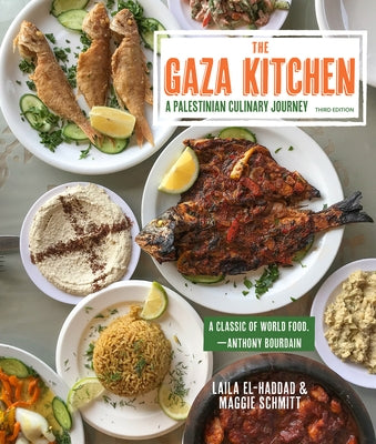 Paperback copy of The Gaza Kitchen: A Palestinian Culinary Journey by Just World Books, showing the book cover with Palestinian cuisine images.