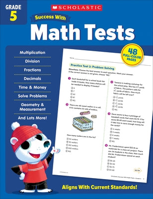 Paperback Scholastic Success with Math Tests Grade 5 workbook by Scholastic Teaching Resources, featuring sample math test pages.