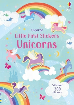 Paperback Little First Stickers Unicorns book by Usborne Books featuring colorful unicorn stickers on the cover