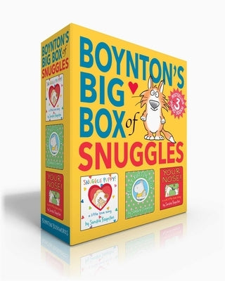 Boynton's Big Box of Snuggles board book set with colorful pages featuring Snuggle Puppy, Belly Button Book, and Your Nose illustrations.