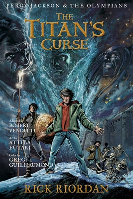 Paperback graphic novel of Percy Jackson and the Olympians: Titan's Curse by Disney Hyperion, featuring cover art with characters and titans.