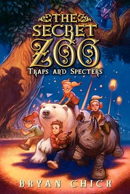 Cover of the paperback book "Traps and Specters" by Greenwillow Books, featuring dark, mysterious artwork with ghostly figures.