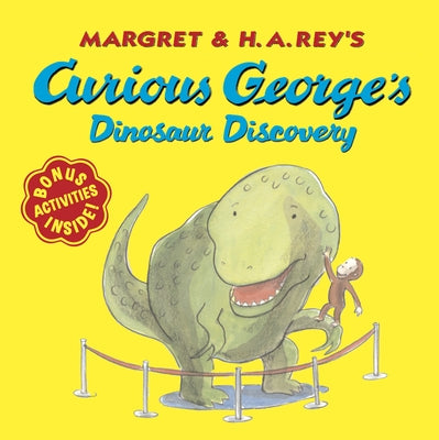Paperback of Curious George's Dinosaur Discovery book by Clarion Books, featuring colorful dinosaur illustrations.