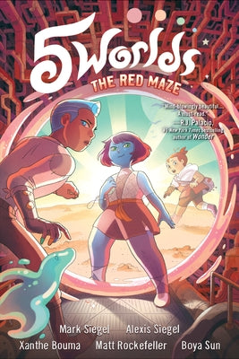 Paperback copy of 5 Worlds Book 3: The Red Maze graphic novel by Random House Graphic, showing the book cover with vibrant illustrations.
