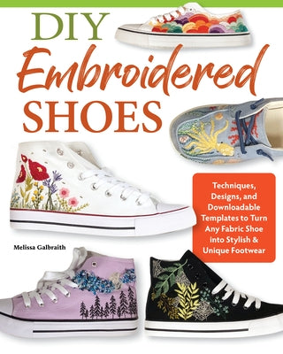 Paperback book on DIY embroidered shoes by Landauer, featuring techniques, designs, and templates for customizing fabric footwear.