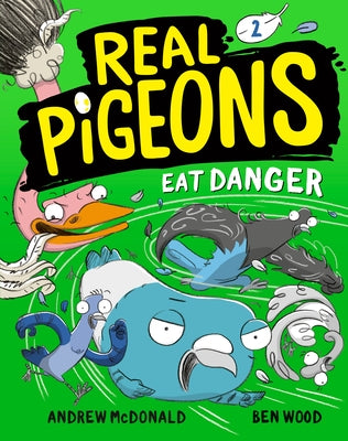 Paperback of "Real Pigeons Eat Danger" by Yearling Books, featuring colorful cover art with pigeons and adventurous imagery.