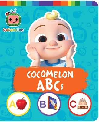 Cocomelon ABCs board book by Simon Spotlight showing colorful alphabet pages with Cocomelon characters and playful illustrations.