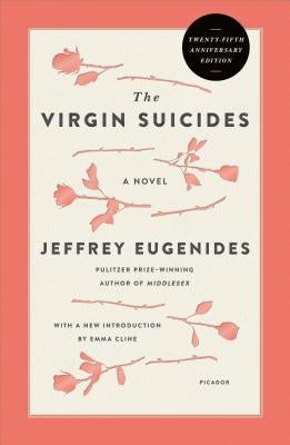 Paperback of The Virgin Suicides novel by Picador USA, twenty-fifth anniversary edition, with a cover featuring a woman and a vintage aesthetic.