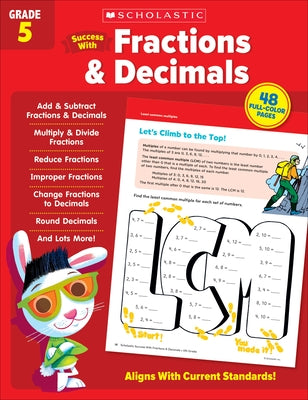 Paperback Scholastic Success with Fractions & Decimals Grade 5 workbook from Scholastic Teaching Resources, featuring colorful math exercises.