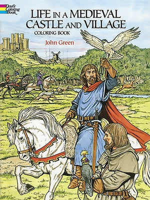 Coloring book page from Dover Publications' Life in a Medieval Castle and Village paperback showing detailed medieval castle and village scenes.