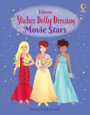Paperback Sticker Dolly Dressing Book featuring movie star stickers by Usborne Books, with colorful pages and star-themed designs.