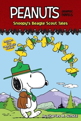 Paperback of Snoopy's Beagle Scout Tales Peanuts graphic novel by Simon Spotlight showing colorful cartoon characters