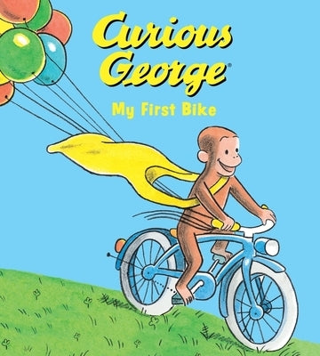 Curious George My First Bike board book by Clarion Books featuring colorful illustrations of Curious George riding a bike.