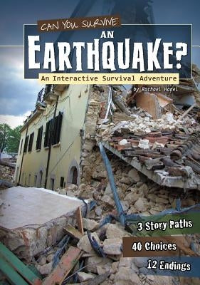 Paperback book titled "Can You Survive an Earthquake?" by Capstone Press, featuring colorful earthquake survival adventure cover.