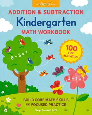 Z Kids kindergarten math workbook in paperback with colorful pages showing addition and subtraction activities for building core math skills.