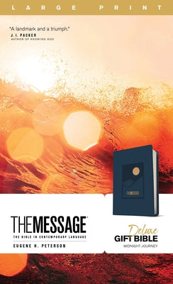 Large print navy leather-look Bible by NavPress, The Message Deluxe Gift Bible in contemporary language, with detailed cover and pages.