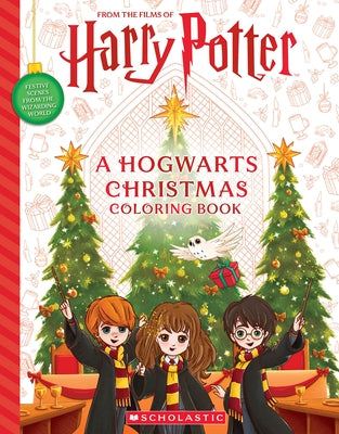 Open paperback Harry Potter coloring book titled "Hogwarts Christmas" by Scholastic Inc., featuring festive Harry Potter-themed illustrations.