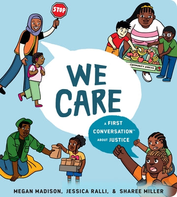 Board book titled "We Care: A First Conversation about Justice" by Rise X Penguin Workshop, featuring colorful illustrations for young children.