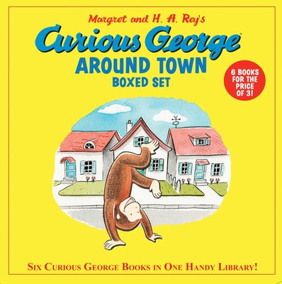 Curious George Around Town 6-book boxed set featuring colorful 8x8 storybooks by Clarion Books displayed together.