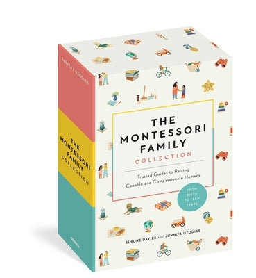 Boxed set of Montessori family guides by Workman Publishing, featuring colorful book covers and educational materials for raising children.