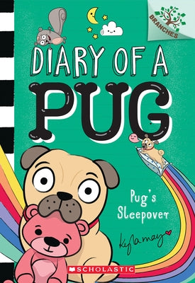 Paperback of Pug's Sleepover from the Diary of a Pug series by Scholastic Inc., featuring a colorful cover with Pug and friends.